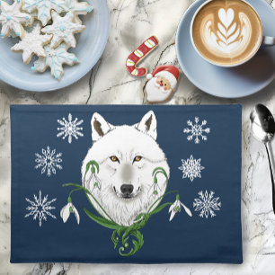 Mystical White Arctic Wolf Winter Snowdrop Blue Cloth Placemat