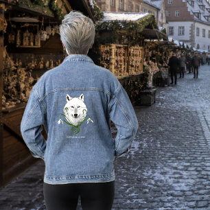 Mystical White Arctic Wolf Winter Snowdrop Blue Denim Jacket