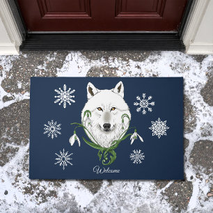 Mystical White Arctic Wolf Winter Snowdrop Blue Doormat