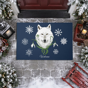 Mystical White Arctic Wolf Winter Snowdrop Blue Doormat