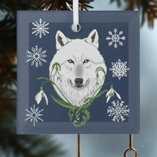 Mystical White Arctic Wolf Winter Snowdrop Blue Glass Ornament
