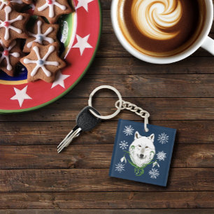 Mystical White Arctic Wolf Winter Snowdrop Blue Keychain