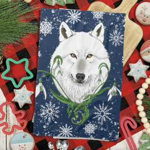 Mystical White Arctic Wolf Winter Snowdrop Blue Kitchen Towel