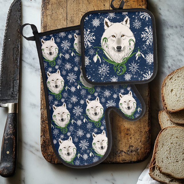 Mystical White Arctic Wolf Winter Snowdrop Blue Oven Mitt & Pot Holder Set (Creator Uploaded)