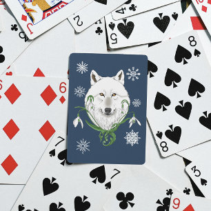 Mystical White Arctic Wolf Winter Snowdrop Blue Poker Cards