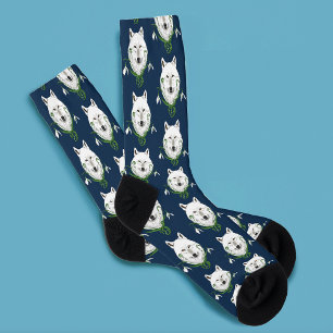 Mystical White Arctic Wolf Winter Snowdrop Blue Socks