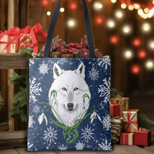 Mystical White Arctic Wolf Winter Snowdrop Blue Tote Bag