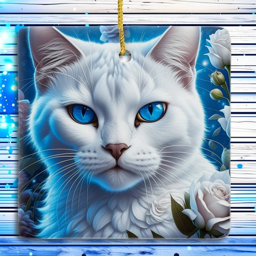 Mystical White Cat with Blue Eyes Christmas Ceramic Ornament