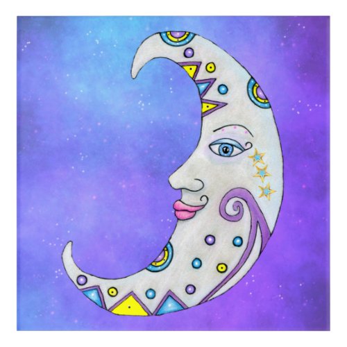 Mystical White Crescent Moon Face Geometric Colors Acrylic Print