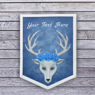 Mystical white Deer head Antlers Roses on Blue Pennant