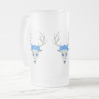 Mystical white Deer Head Antlers Wearing Blue Rose Frosted Glass Beer Mug