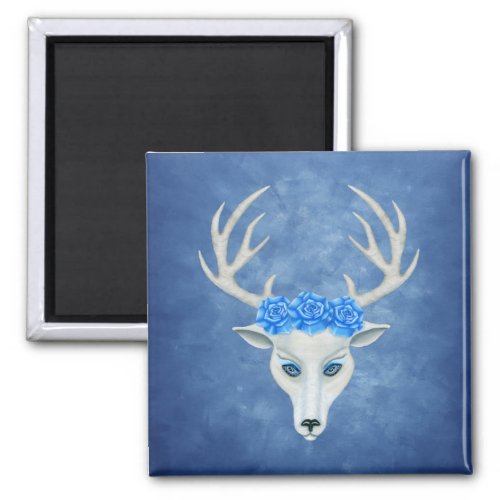 Mystical White Deer Head Big Antlers Blue Roses Magnet