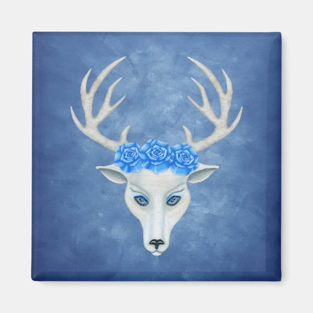 Mystical White Deer Head Big Antlers Blue Roses Magnet (Front)