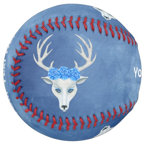 Mystical White Deer Head Big Antlers Roses Blue Softball
