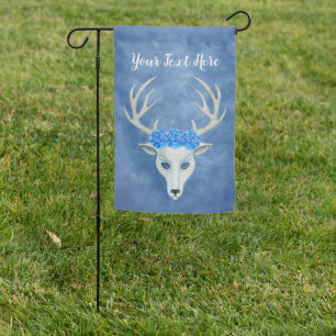 Mystical White Deer Head Big Roses Antlers Blue Garden Flag