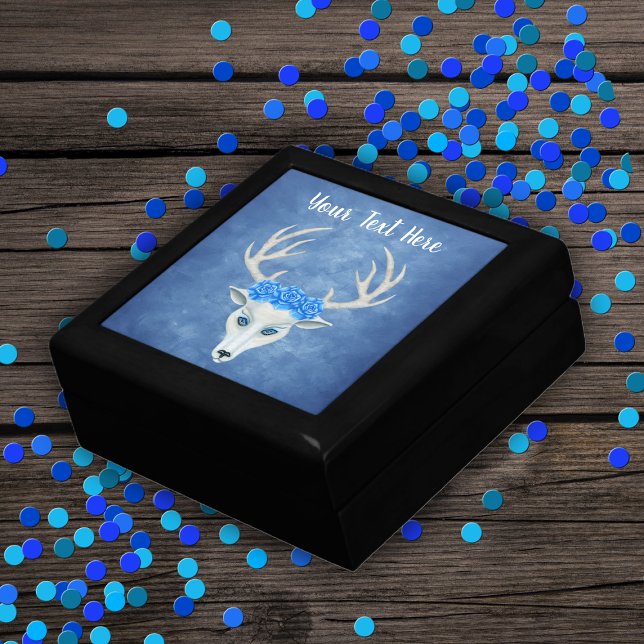Mystical White Deer Head Blue Eyes Antler Roses Gift Box (Magical white deer head antlers blue roses on head on misty blue black wood gift or trinket box.)