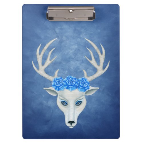 Mystical White Deer Head Blue Eyes Antlers Roses Clipboard