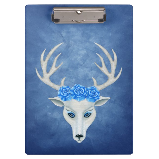 Mystical White Deer Head Blue Eyes Antlers Roses Clipboard (Front)