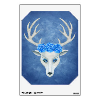 Mystical White Deer Head Blue Eyes Big Blue Roses Wall Decal