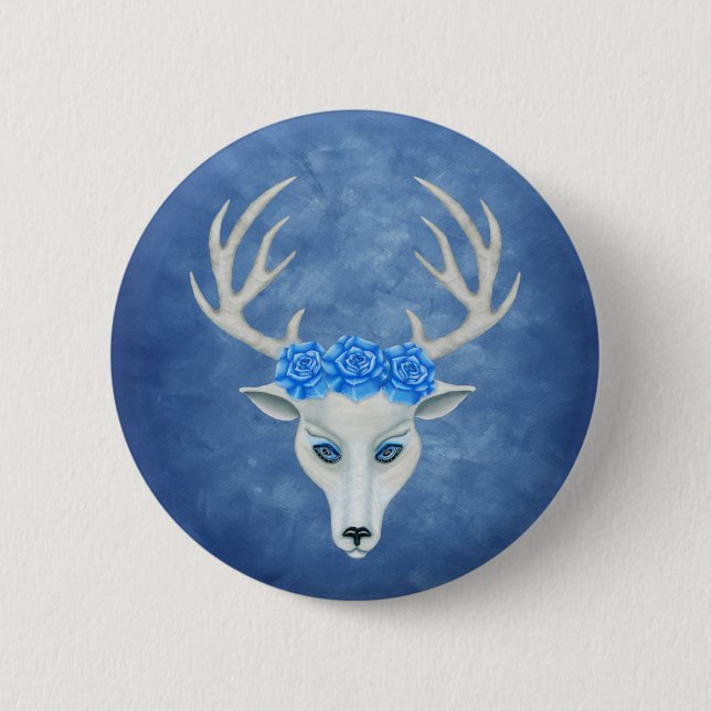 Mystical White Deer Head Blue Eyes Roses on Head Button (Front)
