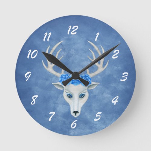 Mystical White Deer Head Blue Eyes Roses on Head Round Clock