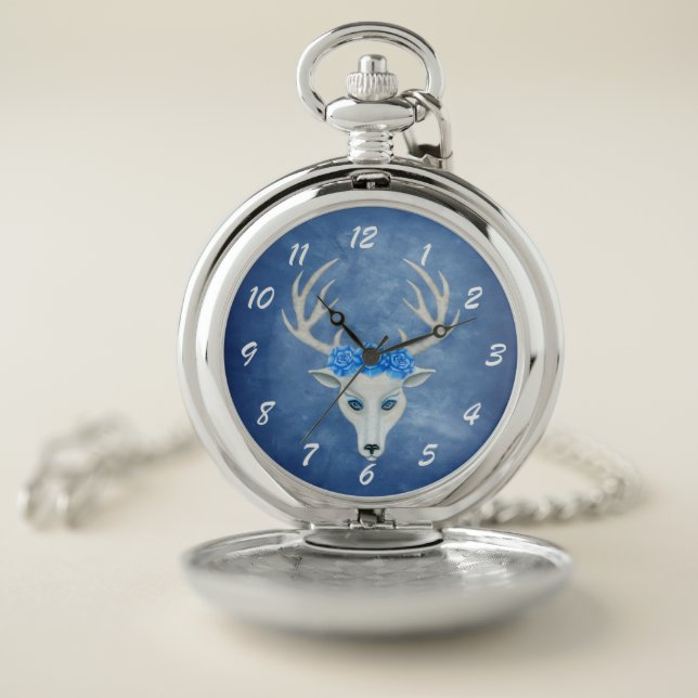 Mystical White Deer Head Blue Roses on Head Antler Pocket Watch (Inside)