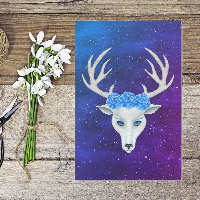 Mystical White Deer Head Blue Roses Star Sky Tissue Paper (Mystical white deer head antlers wearing blue roses in night blue purple sky stars on tissue paper.)
