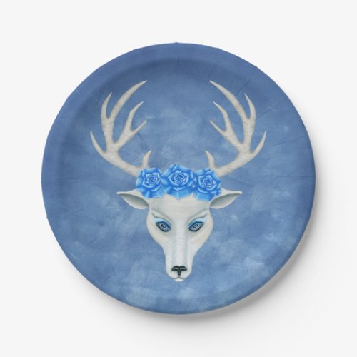 Mystical White Deer Head on Blue Wearing Roses Paper Plates