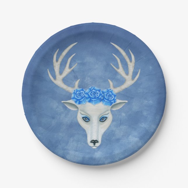 Mystical White Deer Head on Blue Wearing Roses Paper Plates (Front)