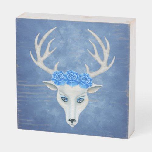 Mystical White Deer Head Roses Antlers on Blue Wooden Box Sign