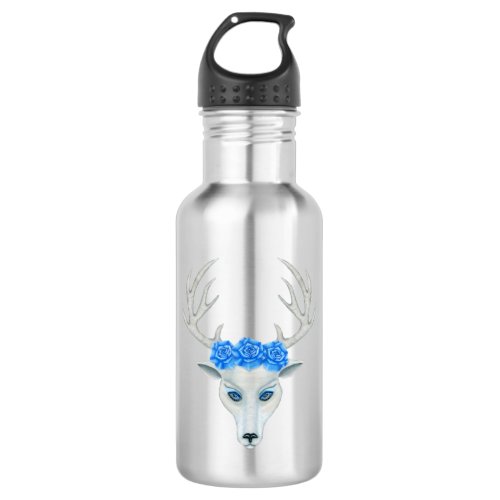 Mystical White Deer Head Wearing Blue Roses Antler Stainless Steel Water Bottle