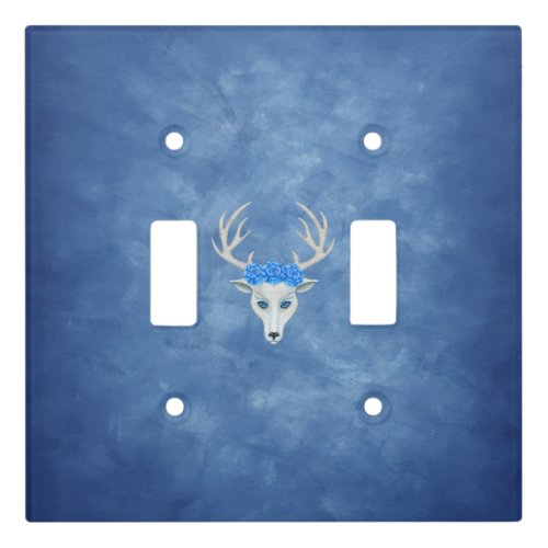 Mystical White Deer Head With Antlers Roses Blue Light Switch Cover