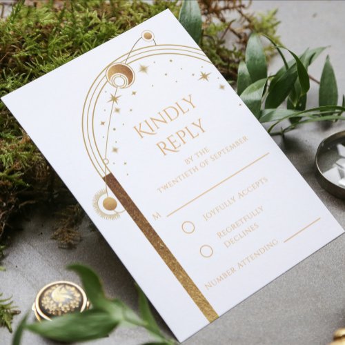 Mystical White Gold Celestial Wedding RSVP Card