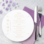 Mystical White Gold Sun Moon Stars Space Wedding Menu<br><div class="desc">Mystical White Gold Sun Moon Stars Space Wedding Menu Cards features simple gold stars on a white background with your menu details in the center in modern gold calligraphy script. Personalize by editing the text in the text boxes provided. Designed by Evco Studio www.zazzle.com/store/evcostudio</div>