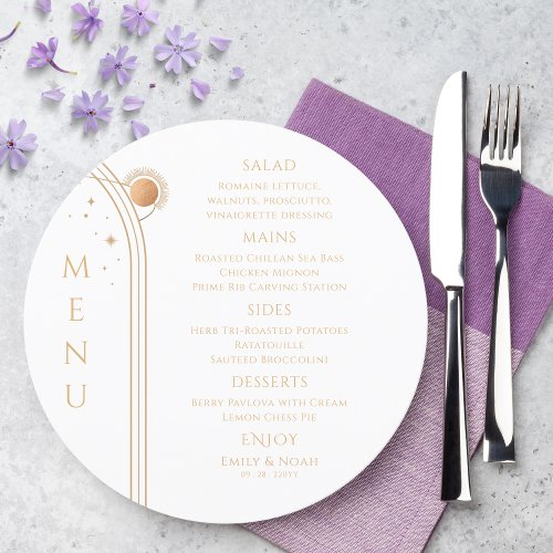 Mystical White Gold Sun Moon Stars Space Wedding Menu