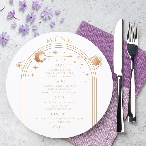 Mystical White Gold Sun Moon Stars Space Wedding Menu