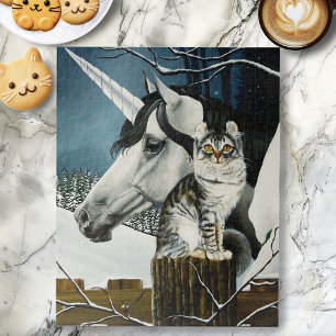Mystical White Gray Fantasy Unicorn Cat Winter Jigsaw Puzzle