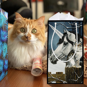 Mystical White Gray Fantasy Unicorn Cat Winter Small Gift Bag