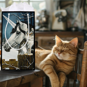 Mystical White Gray Fantasy Unicorn Cat Winter Small Gift Bag