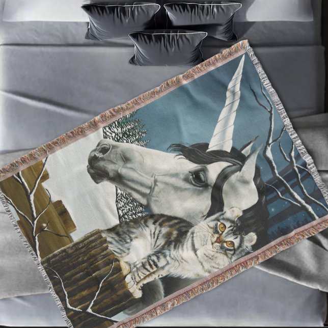 Mystical White Gray Fantasy Unicorn Cat Winter Throw Blanket (Creator Uploaded)