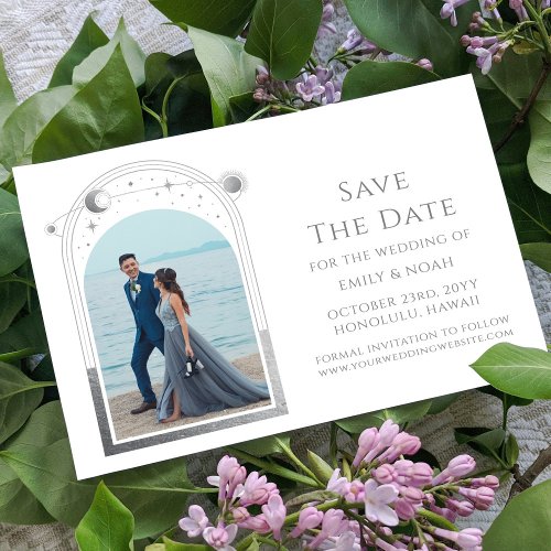 Mystical White Silver Sun Moon Star Space Save The Date
