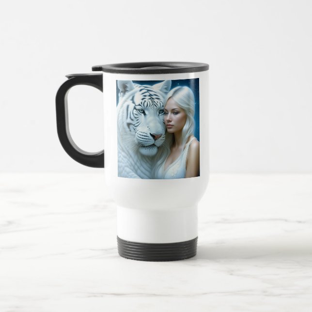Mystical White Tiger and Beautiful Woman  Travel Mug (Left)