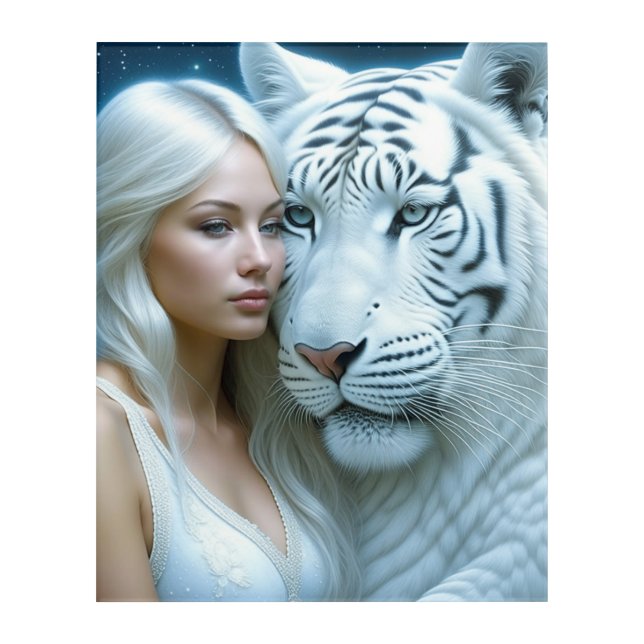 Mystical White Tiger and Woman Acrylic Print (Front)