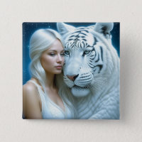 Mystical White Tiger and Woman Button