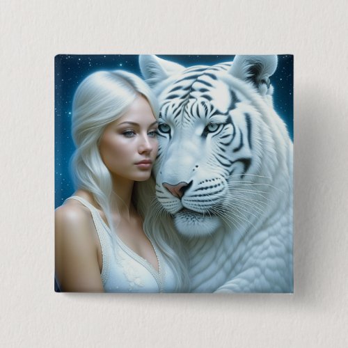 Mystical White Tiger and Woman Button