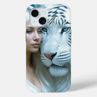 Mystical White Tiger and Woman   iPhone 15 Case