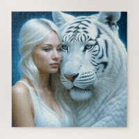 Mystical White Tiger and Woman Jigsaw Puzzle