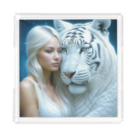 Mystical White Tiger and Woman Magical  Acrylic Tray