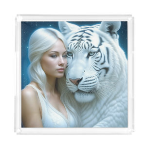 Mystical White Tiger and Woman Magical Acrylic Tray