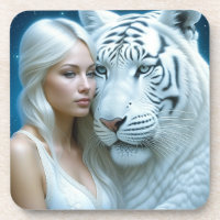 Mystical White Tiger and Woman Magical  Beverage Coaster